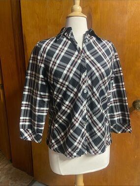 RAPHAEL Coastal Grandma Silk Women’s Black Plaid Button-Front Shirt 12